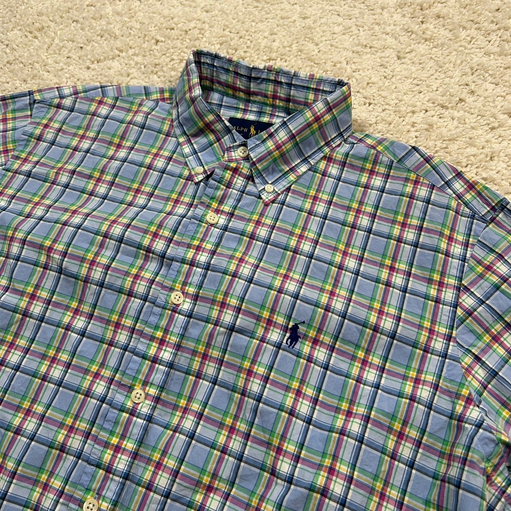 Ralph Lauren Button Down Shirt XL Blue Plaid Short Sleeve Cotton Pony Logo